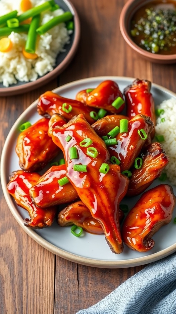 Slow-Cooked Honey Garlic Turkey Wings Recipe Glazed honey garlic turkey wings served with rice and vegetables on a rustic table.